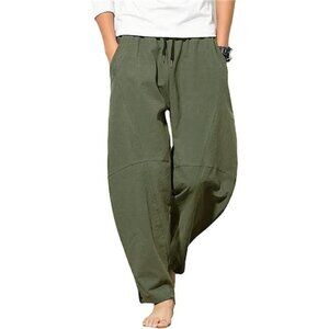 Relaxed Fit Cotton Linen Pants Men Olive Drawstring